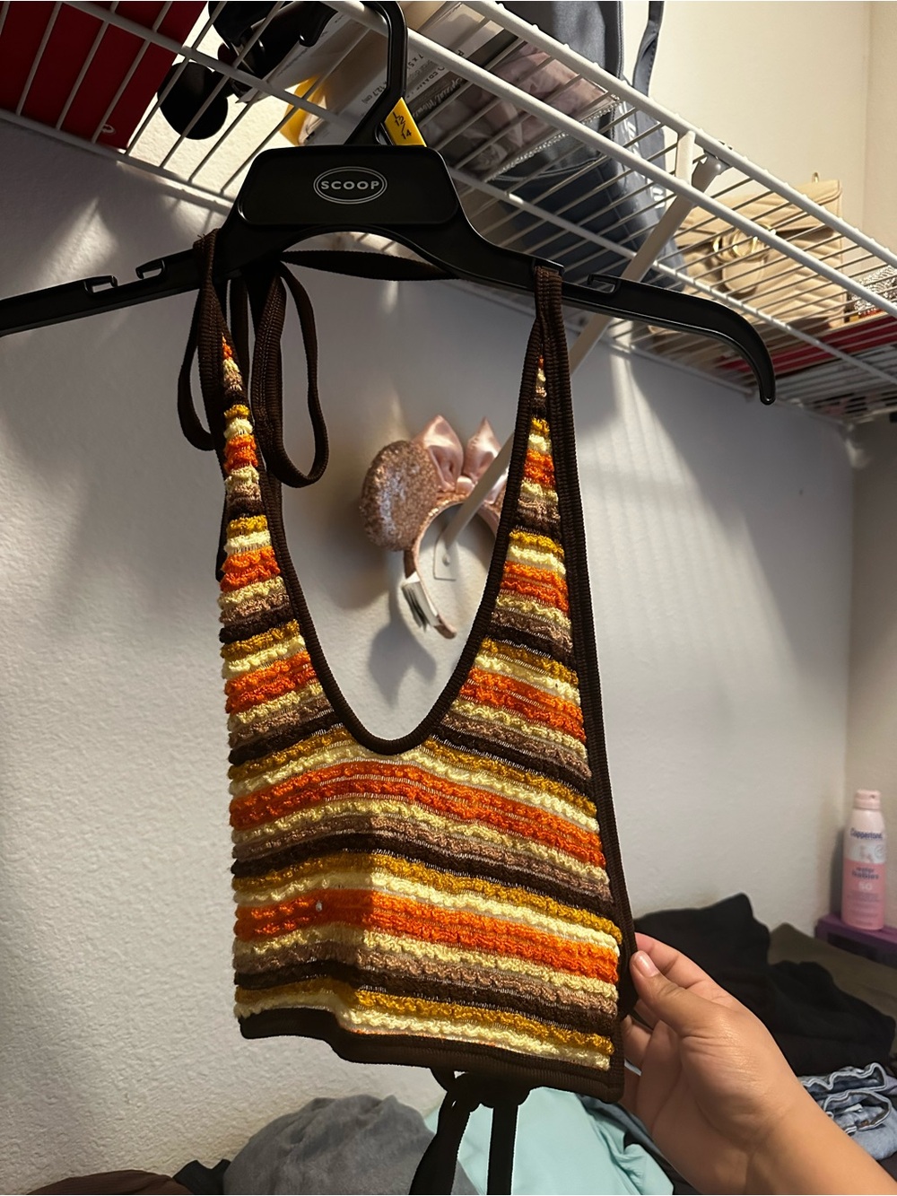 SHEIN Brown Orange Cream Striped Crochet Halter Crop Top